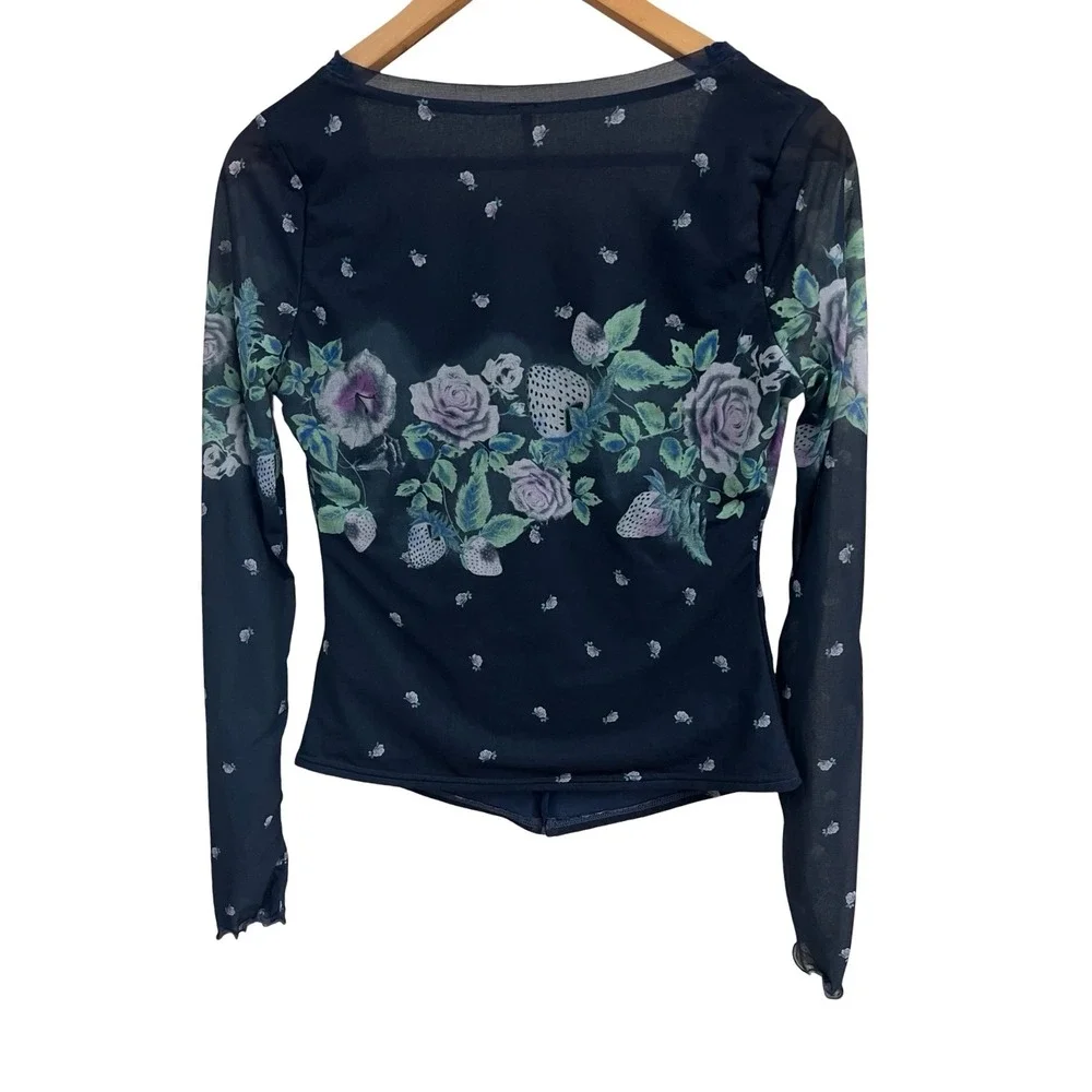 Free People Navy Home Grown Cardi Floral Strawberry Mesh Button-Front XS Top